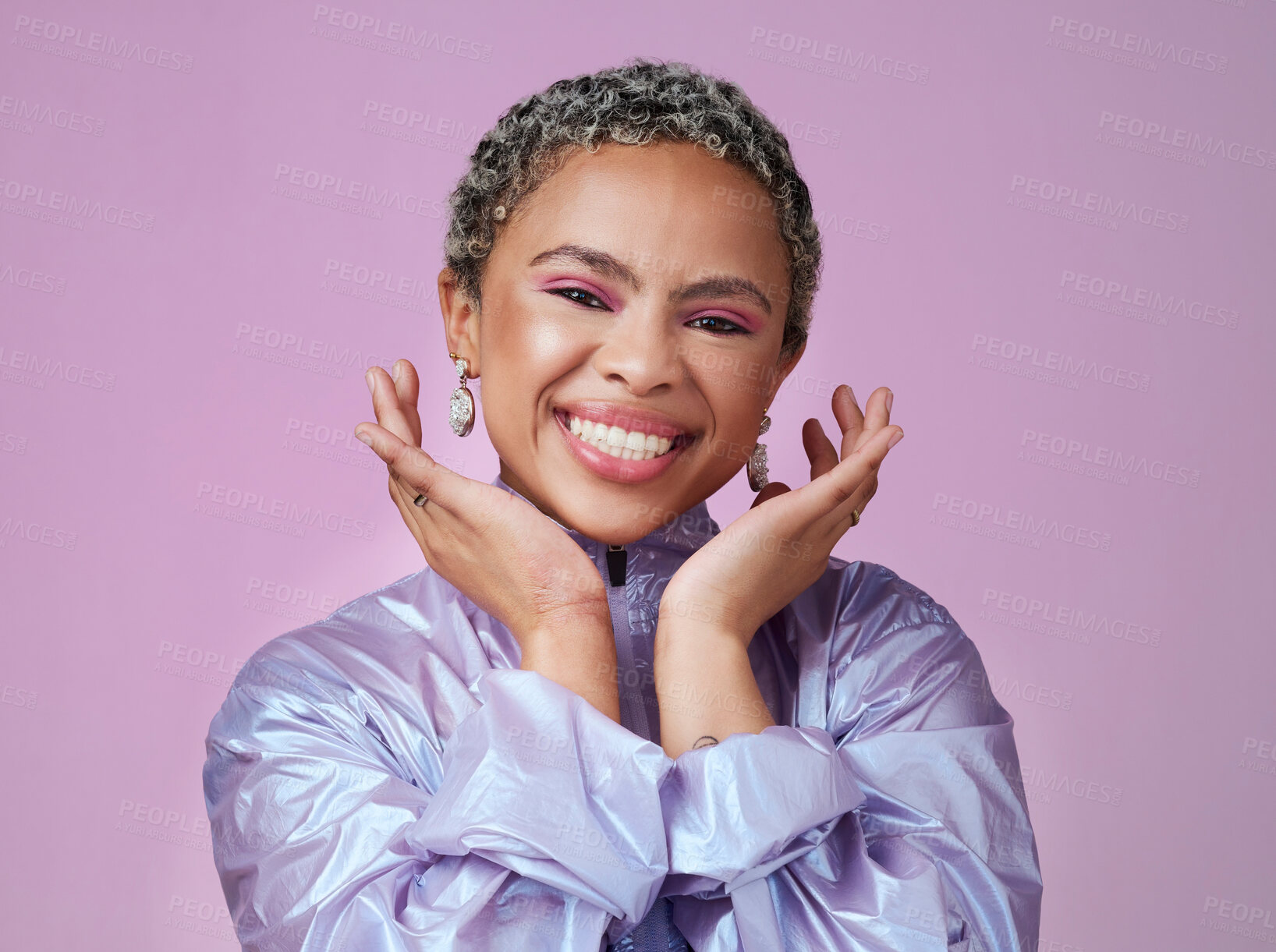 Buy stock photo Black woman, happy portrait and neon fashion, unique makeup and retro style on pink studio background. Smile, bold colorful and young gen z beauty influencer, model and happiness in cyberpunk style