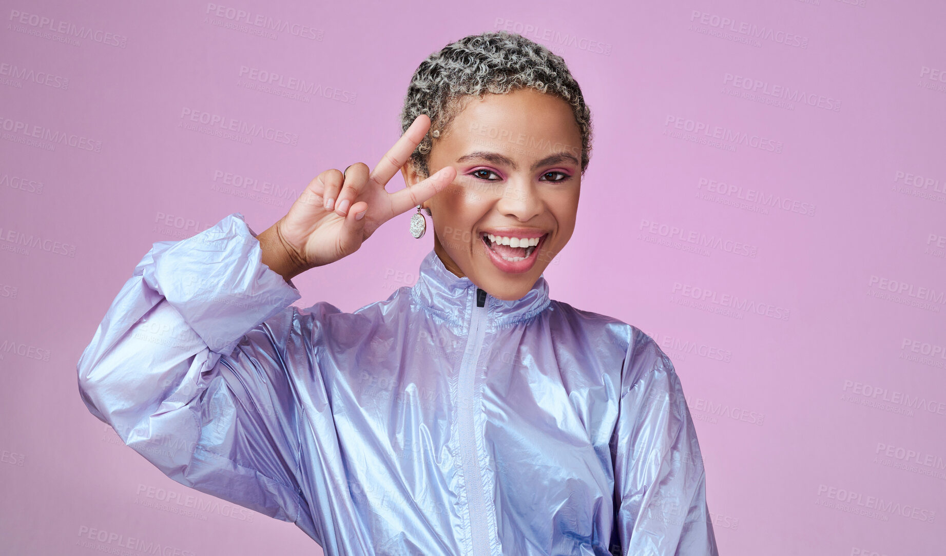 Buy stock photo Fashion, peace hand sign and black woman in retro clothes on studio pink background and mock up. Happy gen z girl portrait with v icon and beauty youth makeup cosmetics or lifestyle mock up marketing