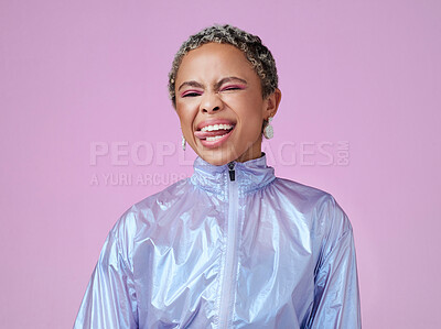 Buy stock photo Retro fashion, black woman and tongue out portrait, funny face or flirting in unique makeup, colorful neon and pink studio background. Crazy, bold and happy gen z influencer model in techno vaporwave