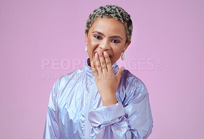 Buy stock photo Portrait of a woman in purple with her hand over her mouth, expression of surprise. Mockup for makeup, fashion and wow emotion on face. Young black woman  isolated on pink background in studio 