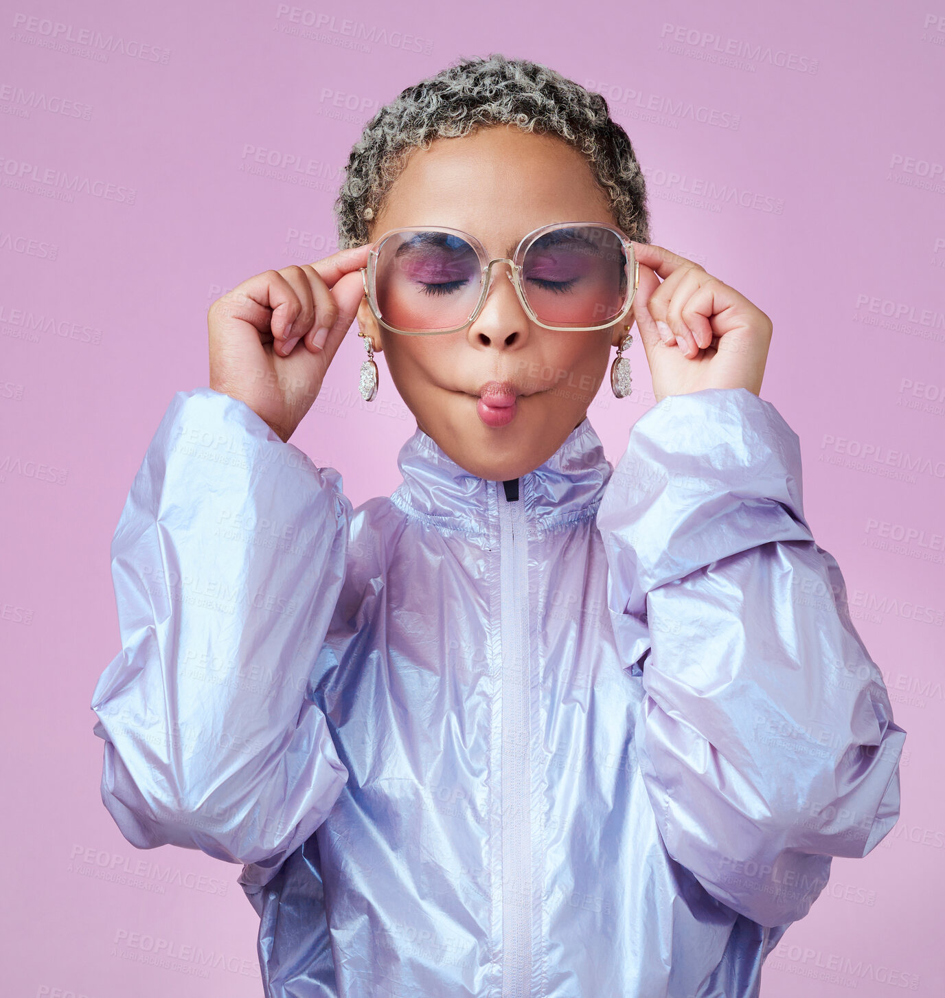 Buy stock photo Fashion, beauty and lips with a black woman or model in sunglasses pouting in studio on a pink background. Trendy, style and edgy with an attractive, goofy female posing in contemporary clothes