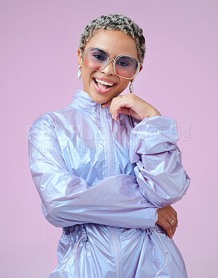 Buy stock photo Black woman, fashion and sunglasses in jacket on purple background in studio mockup space advertising and marketing. Gen z girl, happy and model with retro vaporwave or hipster style portrait mockup