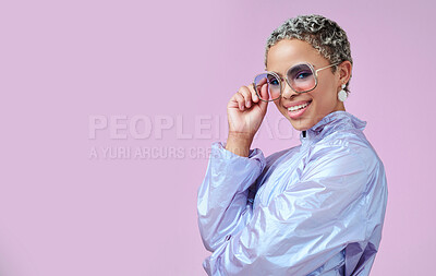 Buy stock photo Fashion, sunglasses and black woman in vaporwave jacket on pink background in studio mock up space advertising and marketing. Gen z girl or young model with retro or vintage style portrait mockup