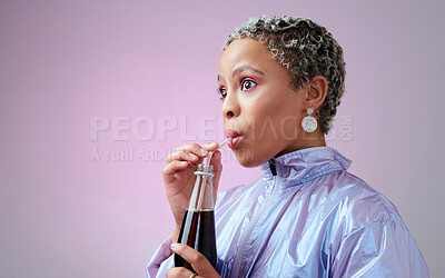 Buy stock photo Cola, wow and black woman with surprise from drink in bottle against a pink mockup studio background. Girl model shocked and happy while drinking cold summer beverage with a straw and mock up space