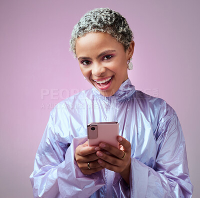 Buy stock photo Happy black woman, smile and phone for communication advertising, texting and social media on a studio background. Portrait of a isolated African American female chatting on 5G mobile smartphone