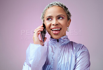 Buy stock photo Happy black woman with phone call, fashion and talking against a mockup purple studio background. Conversation, communication or discussion on 5g mobile smartphone technology with edgy young female