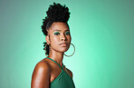 Black woman with retro beauty makeup on green studio background mockup for advertising and marketing. African gen z model in 90s fashion hairstyle for youth lifestyle and cosmetics with space mock up