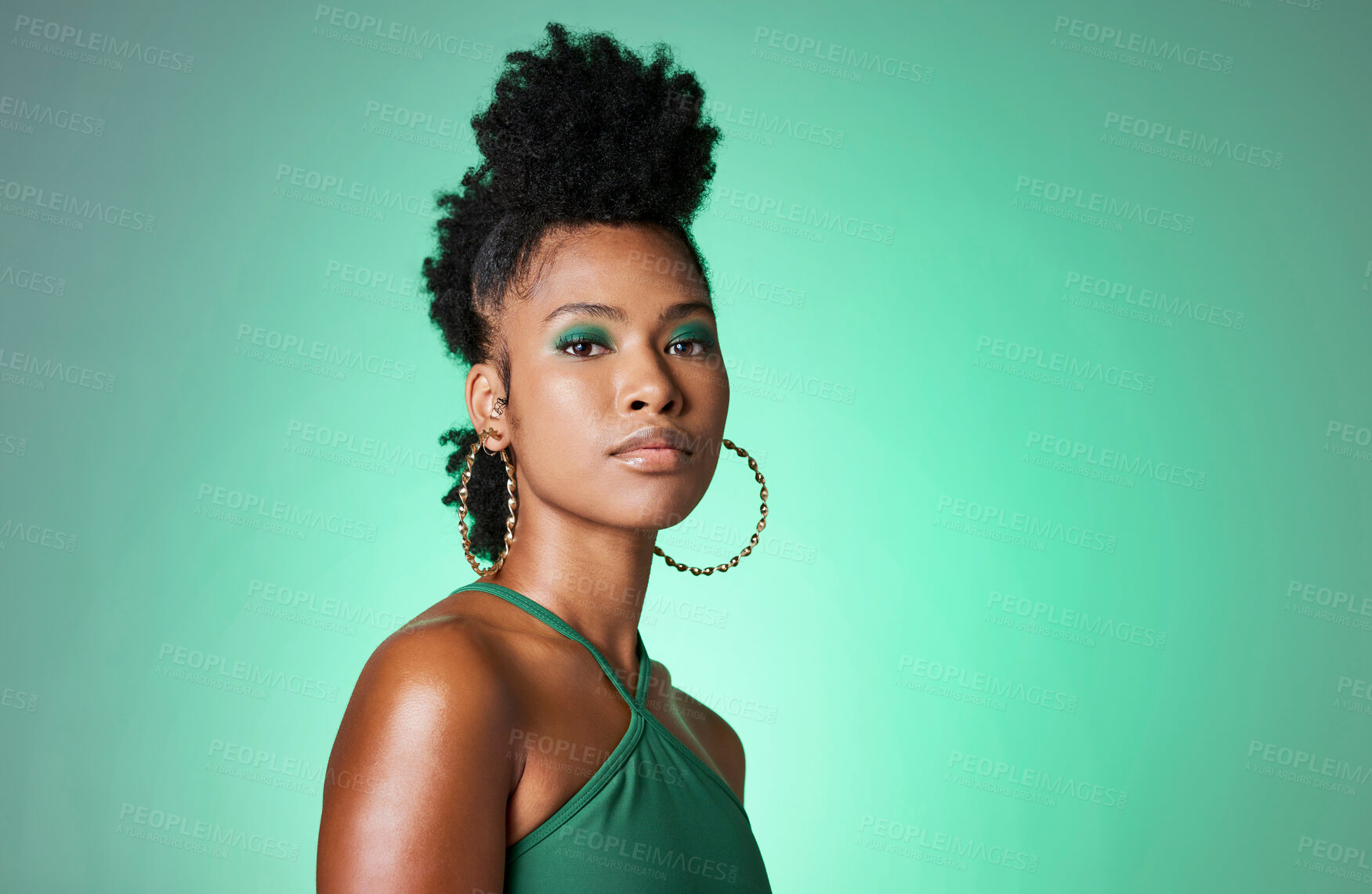 Buy stock photo Black woman, retro beauty and makeup on green background, product placement mockup for advertising and marketing. Portrait of African model in 90s fashion hairstyle for youth, lifestyle and cosmetics