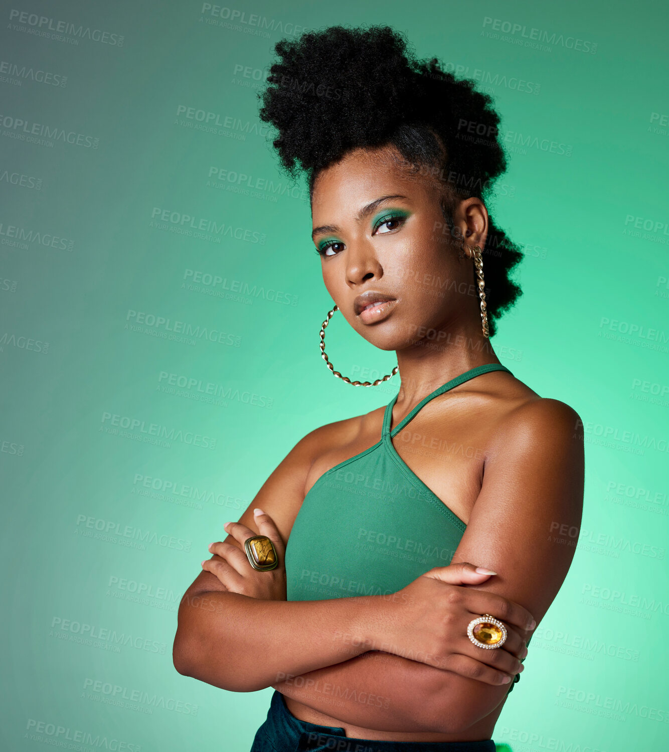 Buy stock photo Green screen, face makeup and black woman with power against a green mockup studio background. Portrait of an African model with fashion, jewelry and cosmetics from her culture with mock up space