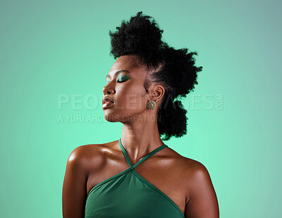 Buy stock photo Beauty in green, makeup or black woman portrait of sexy afro model with fashion, facial makeup or hair care with designer jewelry. Trendy, cosmetics art or edgy girl from Atlanta in studio