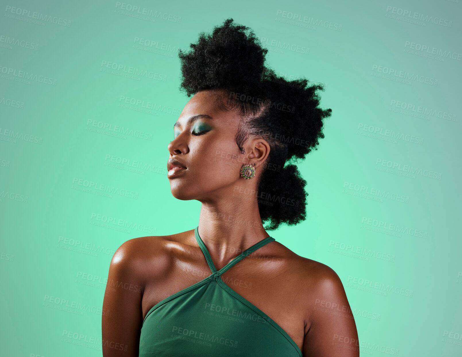Buy stock photo Beauty in green, makeup or black woman portrait of sexy afro model with fashion, facial makeup or hair care with designer jewelry. Trendy, cosmetics art or edgy girl from Atlanta in studio