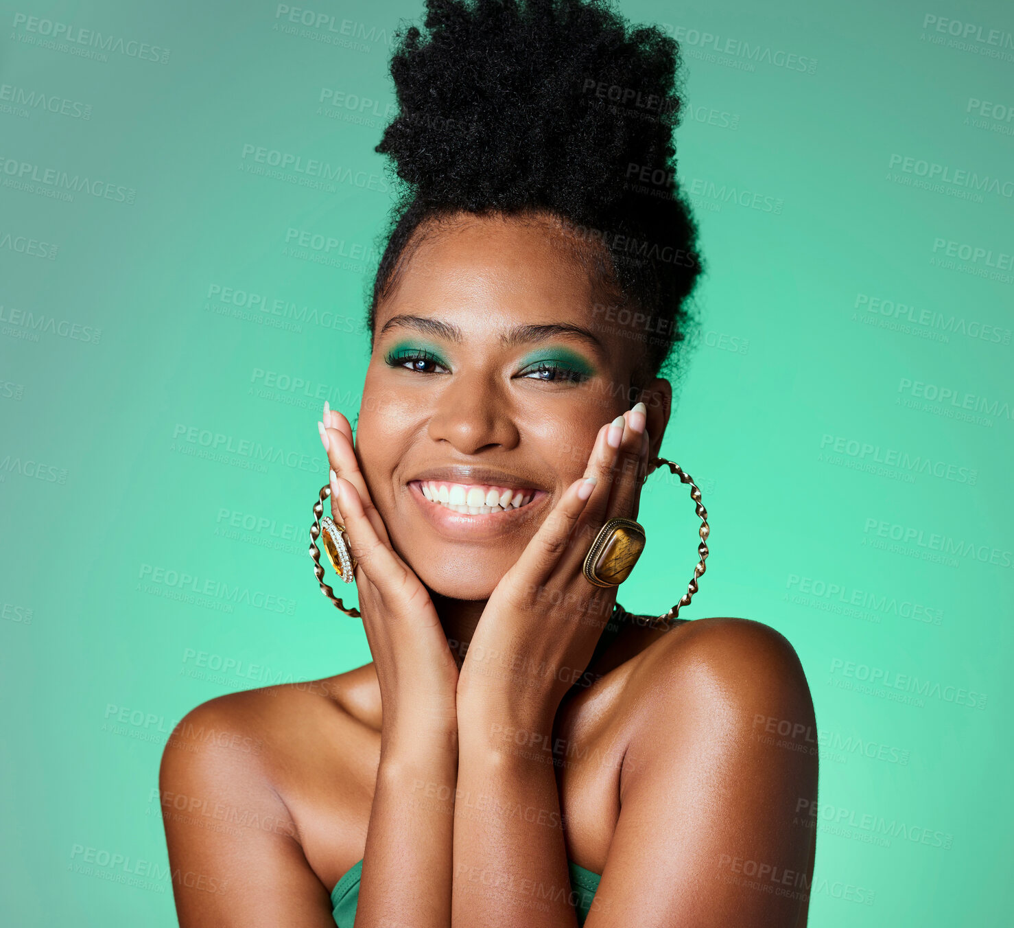 Buy stock photo Creative green screen, face makeup and black woman with smile for facial cosmetics against a green mockup studio background. Portrait of a happy African model with beauty from designer wellness