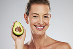 Avocado skincare, woman beauty and natural cosmetic wellness in healthy diet, detox result and clean glowing skin on mockup blue background. Wellness, nutrition and model, grooming and fresh face