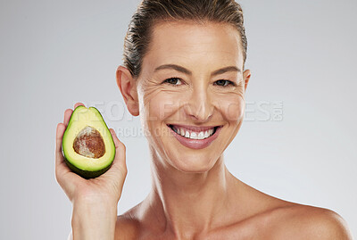 Buy stock photo Avocado skincare, woman beauty and natural cosmetic wellness in healthy diet, detox result and clean glowing skin on mockup blue background. Wellness, nutrition and model, grooming and fresh face