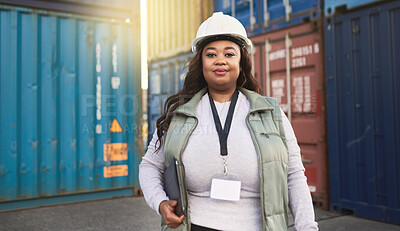 Buy stock photo Shipping worker and portrait of black woman at cargo freight containers with tablet for logistics. Assertive, confident and professional African girl in ecommerce delivery management industry.