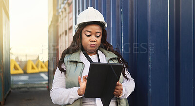 Buy stock photo Logistics, business and black woman shipping containers being check or inspect cargo for transport. Female boss or worker with tablet confirm import, export or shipment for international supply chain