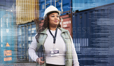 Buy stock photo Logistics, overlay and black woman in leadership at a shipping supply chain for containers inspection at a port. Proud African female manager working with cargo or stock for worldwide distribution