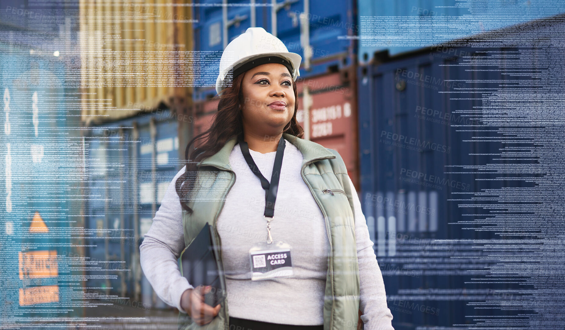 Buy stock photo Logistics, overlay and black woman in leadership at a shipping supply chain for containers inspection at a port. Proud African female manager working with cargo or stock for worldwide distribution