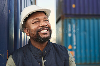 Buy stock photo Logistics, supply chain and thinking with a man delivery worker working on a commercial container dock in the export industry. Ecommerce, stock and cargo with a male courier at work in shipping