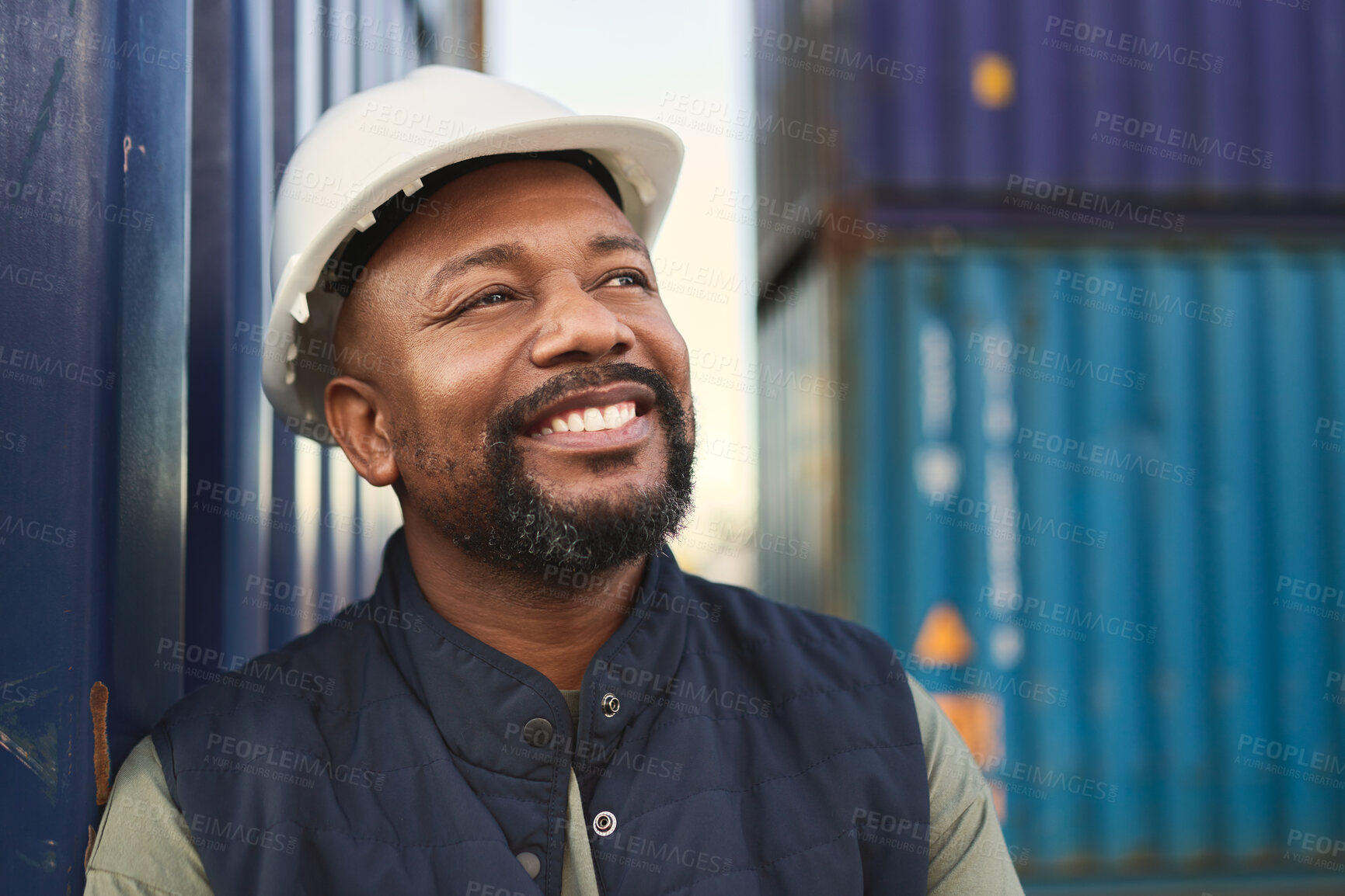 Buy stock photo Logistics, supply chain and thinking with a man delivery worker working on a commercial container dock in the export industry. Ecommerce, stock and cargo with a male courier at work in shipping