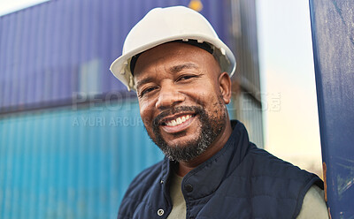 Buy stock photo Logistics, supply chain and shipping with a black man delivery worker standing outdoor on a commercial dock. Stock, retail and cargo with a male courier working in the export or service industry