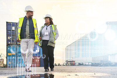 Buy stock photo Shipping, logistics and supply chain with a man and woman courier walking in a container yard for distribution. Cargo, freight and delivery with a team at work in the export industry with overlay