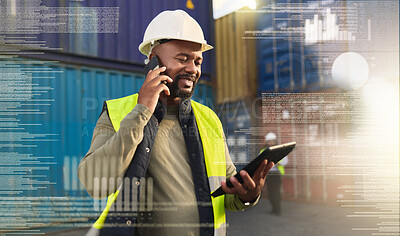 Buy stock photo Logistics, supply chain and tablet with a man on call for online order and shipping in a container yard with overlay. Ecommerce, futuristic and communication with a delivery courier at work in export