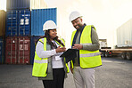 Logistics, tablet and black woman and man in container shipping yard checking online inventory list. Industrial cargo area, African workers in safety gear working for global freight delivery company.