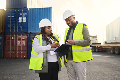 Buy stock photo Logistics, tablet and black woman and man in container shipping yard checking online inventory list. Industrial cargo area, African workers in safety gear working for global freight delivery company.