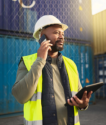 Buy stock photo Logistics manager, phone call and tablet for shipping stock, supply chain container management or industrial cargo delivery. Black man, warehouse worker and employee on 5g technology in manufacturing