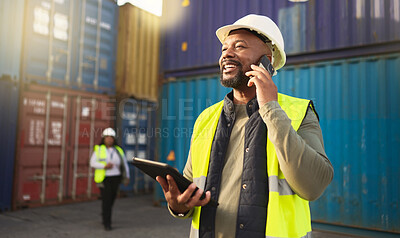 Buy stock photo Logistics, shipping and construction worker on the phone with tablet in shipyard. Transportation engineer on smartphone in delivery, freight and international distribution business in container yard