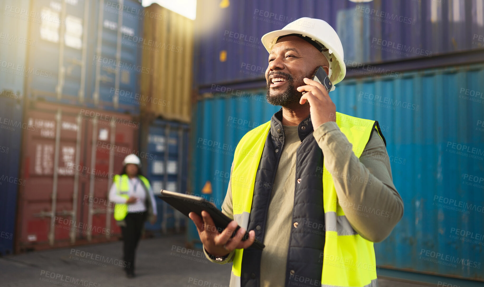Buy stock photo Logistics, shipping and construction worker on the phone with tablet in shipyard. Transportation engineer on smartphone in delivery, freight and international distribution business in container yard