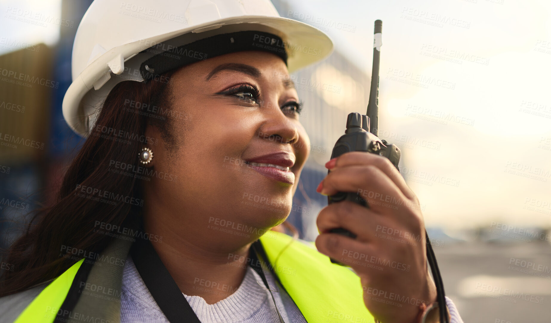 Buy stock photo Logistics, delivery and black woman in communication via radio for manufacturing supply chain about shipping. Smile, engineer and happy manager in conversation with distribution worker at a port