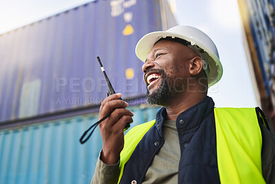 Buy stock photo Logistics, supply chain and radio with a man delivery worker talking on a walkie talkie while working in a container yard. Ecommerce, stock and cargo in the retail, shipping and export industry