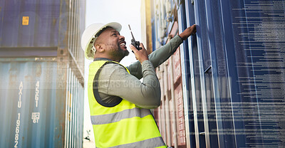Buy stock photo Shipping, container and logistics manager with a radio talking, communication and conversation. Black man working on stock export of cargo delivery, transport and supply chain industry at the port