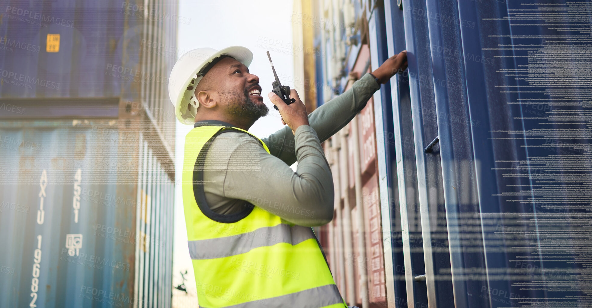 Buy stock photo Shipping, container and logistics manager with a radio talking, communication and conversation. Black man working on stock export of cargo delivery, transport and supply chain industry at the port