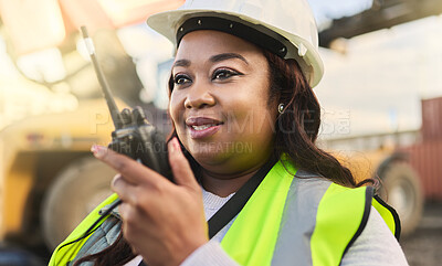 Buy stock photo Engineer, black woman and walkie talkie for control management and communication with hardhat on inspector, manager or foreman on construction site. Female worker at logistics shipping yard in Africa