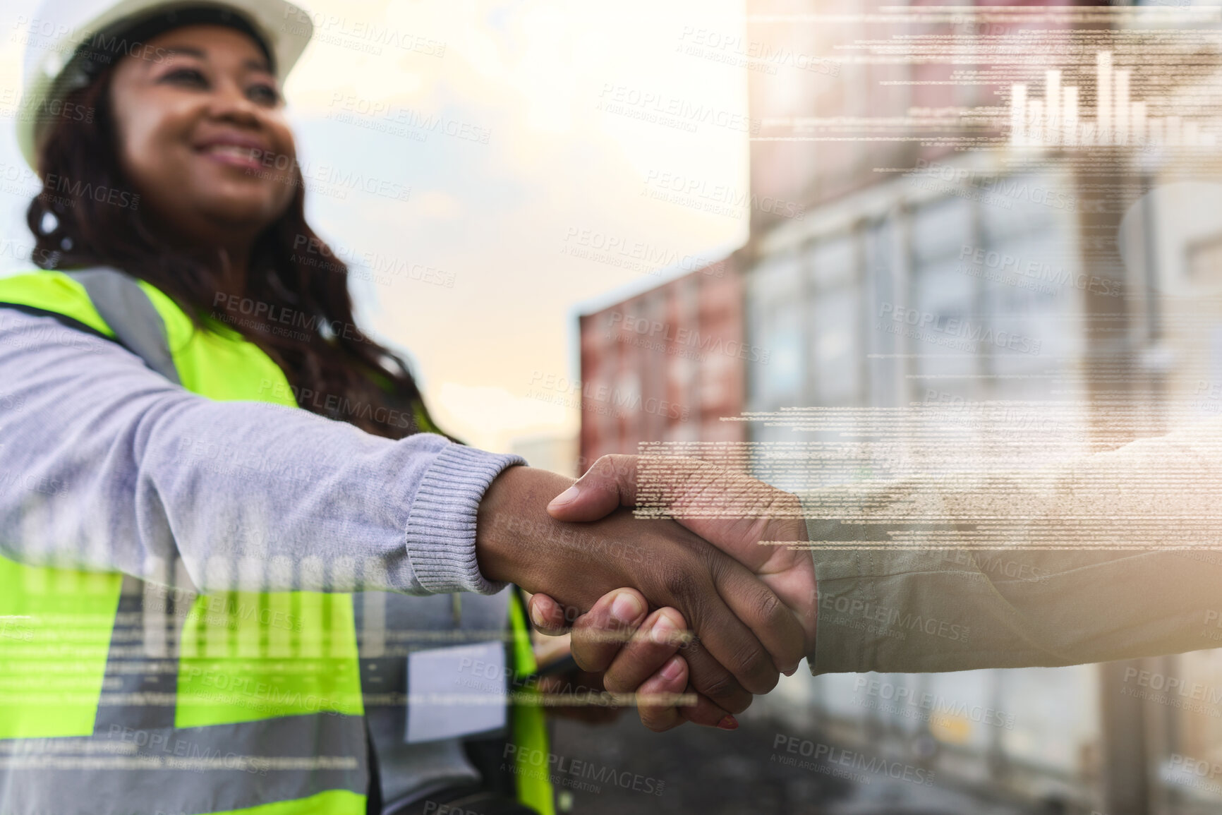 Buy stock photo Handshake in distribution, logistics and shipping partnership, networking and deal in industrial cargo, factory management and freight. Shaking hands, global export support and b2b sales on overlay