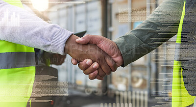 Buy stock photo Logistics handshake, construction team or black workers doing b2b business at distribution warehouse. Shipping employees with welcome, networking or partnership meeting at container factory storage