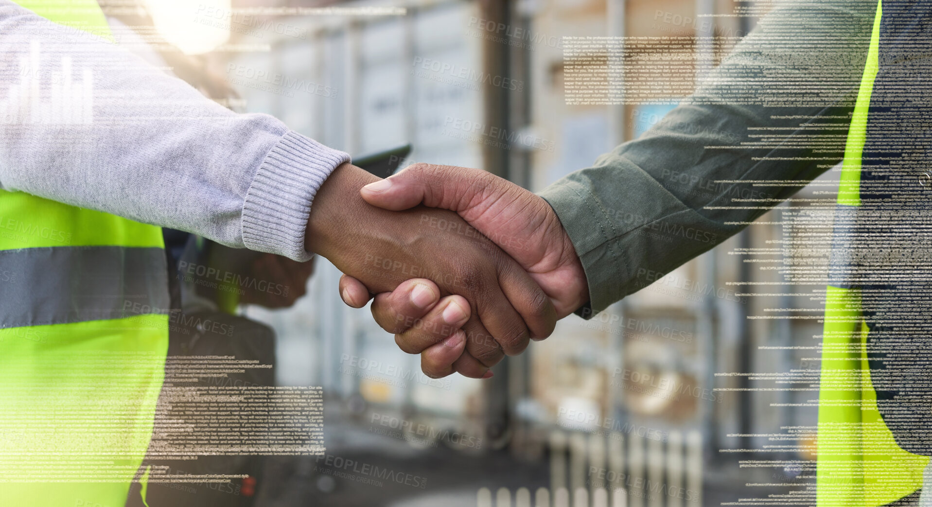Buy stock photo Logistics handshake, construction team or black workers doing b2b business at distribution warehouse. Shipping employees with welcome, networking or partnership meeting at container factory storage