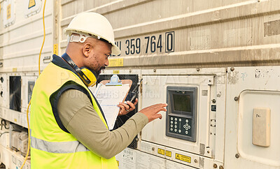 Buy stock photo Logistics, supply chain and security with a man shipping professional using a keypad password on on a commercial container dock. Documents, delivery and storage with a male courier at work with stock