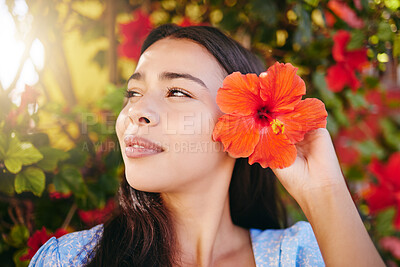 Buy stock photo Woman, flower and garden on vacation in Hawaii, having fun  in summer and nature. Mexican female in a zen park, relax and content while picking pretty flowers and enjoying freedom, fresh air and sun