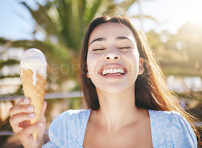 Buy stock photo Ice cream, dessert and woman with smile on holiday in Miami during summer. Face of happy, excited and young girl eating sweet food or gelato on travel vacation in the urban city during spring