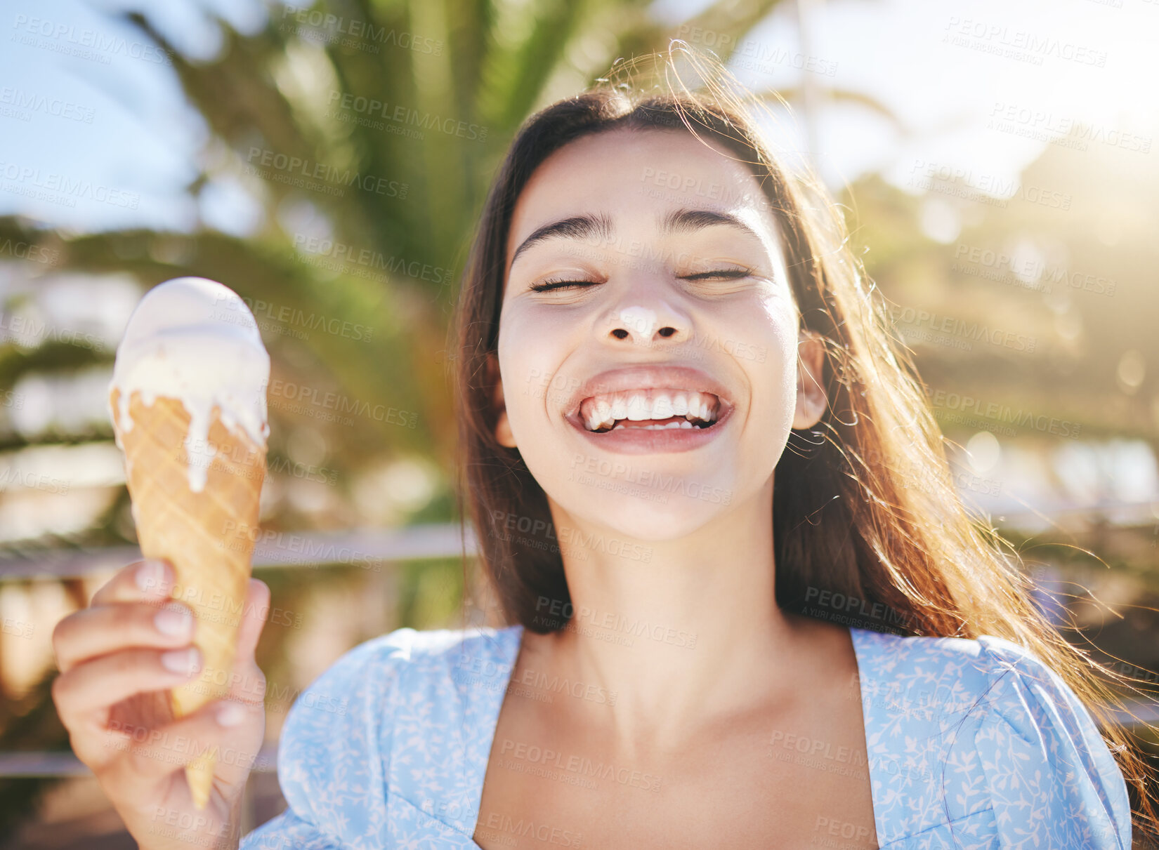 Buy stock photo Ice cream, dessert and woman with smile on holiday in Miami during summer. Face of happy, excited and young girl eating sweet food or gelato on travel vacation in the urban city during spring