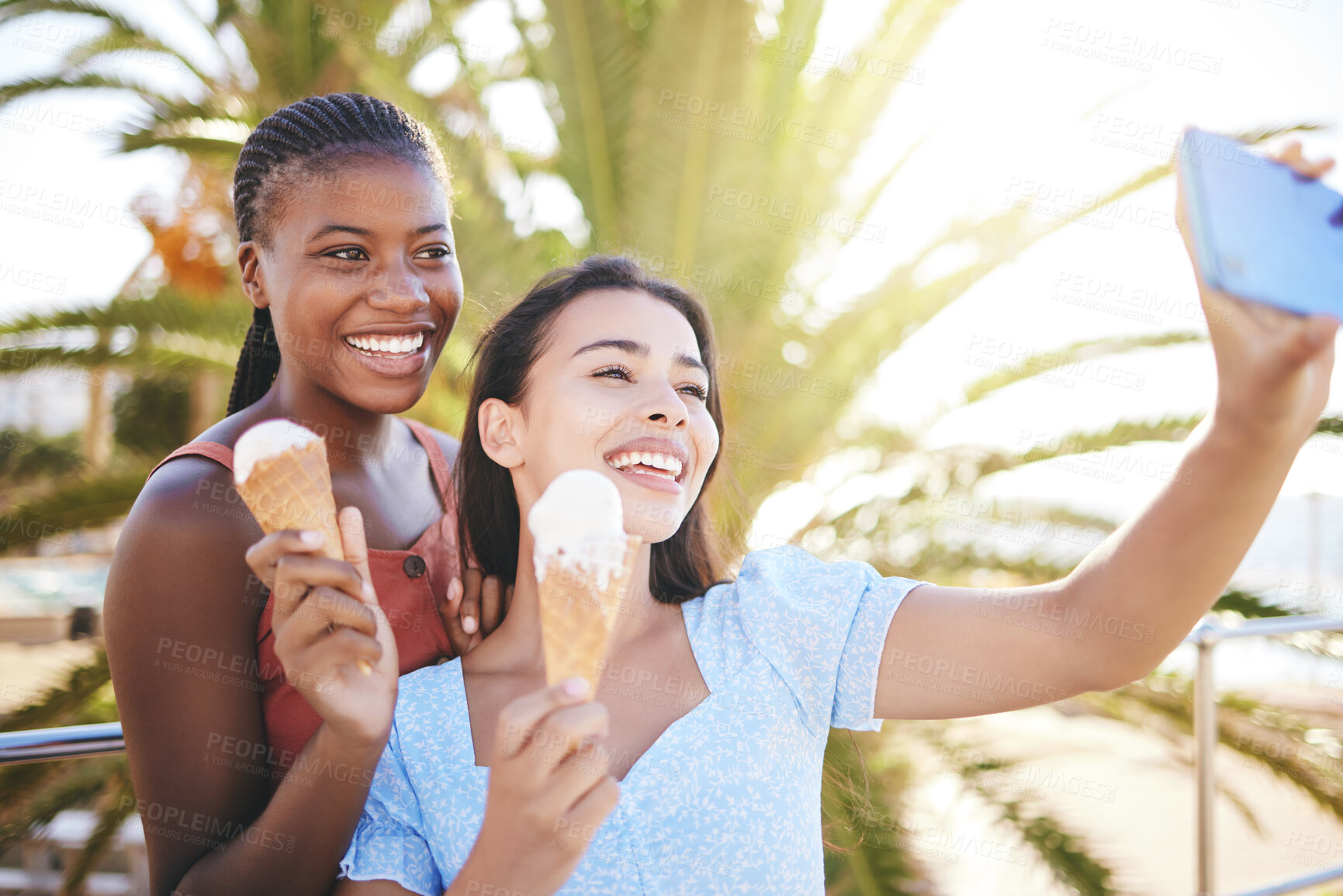 Buy stock photo Ice cream, friends and selfie on a phone in a city, bonding and eating while having fun in summer together. Happy, smile and relax with diverse, cheerful women enjoy freedom and a trip outdoors