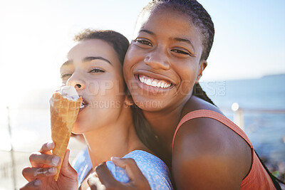 Buy stock photo Summer, friends and ice cream with women at beach for Miami holiday together for travel, happy and freedom. Smile, support and food with portrait of girls on vacation for wellness, youth or lifestyle