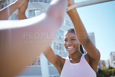 Buy stock photo Black woman, fitness sports and high five in urban city for running success, athlete team support or marathon winner. Happy workout, excited training celebration and healthy exercise goal achievement