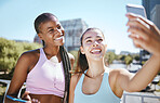 Fitness, woman and friends for phone selfie in exercise, training or workout together outside in the city. Active female in friendship smile for fun cardio or sports photo with mobile smartphone