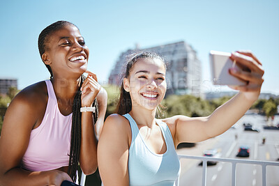 Buy stock photo Phone, exercise and friends taking a selfie after a workout or yoga training session outdoor. Happy smile women enjoying fresh air and fitness, excited and bonding with wellness and health in a city