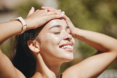 Buy stock photo Face, relax and happy woman in sunshine, outdoor fresh air and peaceful break for mental health, wellness and body. Summer, happiness and smile latino girl relax in nature, park rest and calm freedom